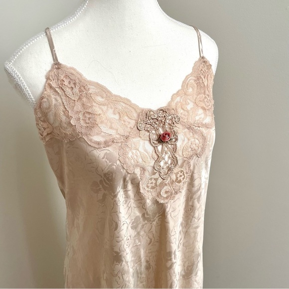 Vintage Expressions Lace Trim Satin Slip Dress Champagne Size Medium Coquette - Picture 4 of 7